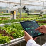 Profesional del sector agroalimentario revisando datos en una tablet dentro de un invernadero automatizado con tecnología avanzada e inteligencia artificial.