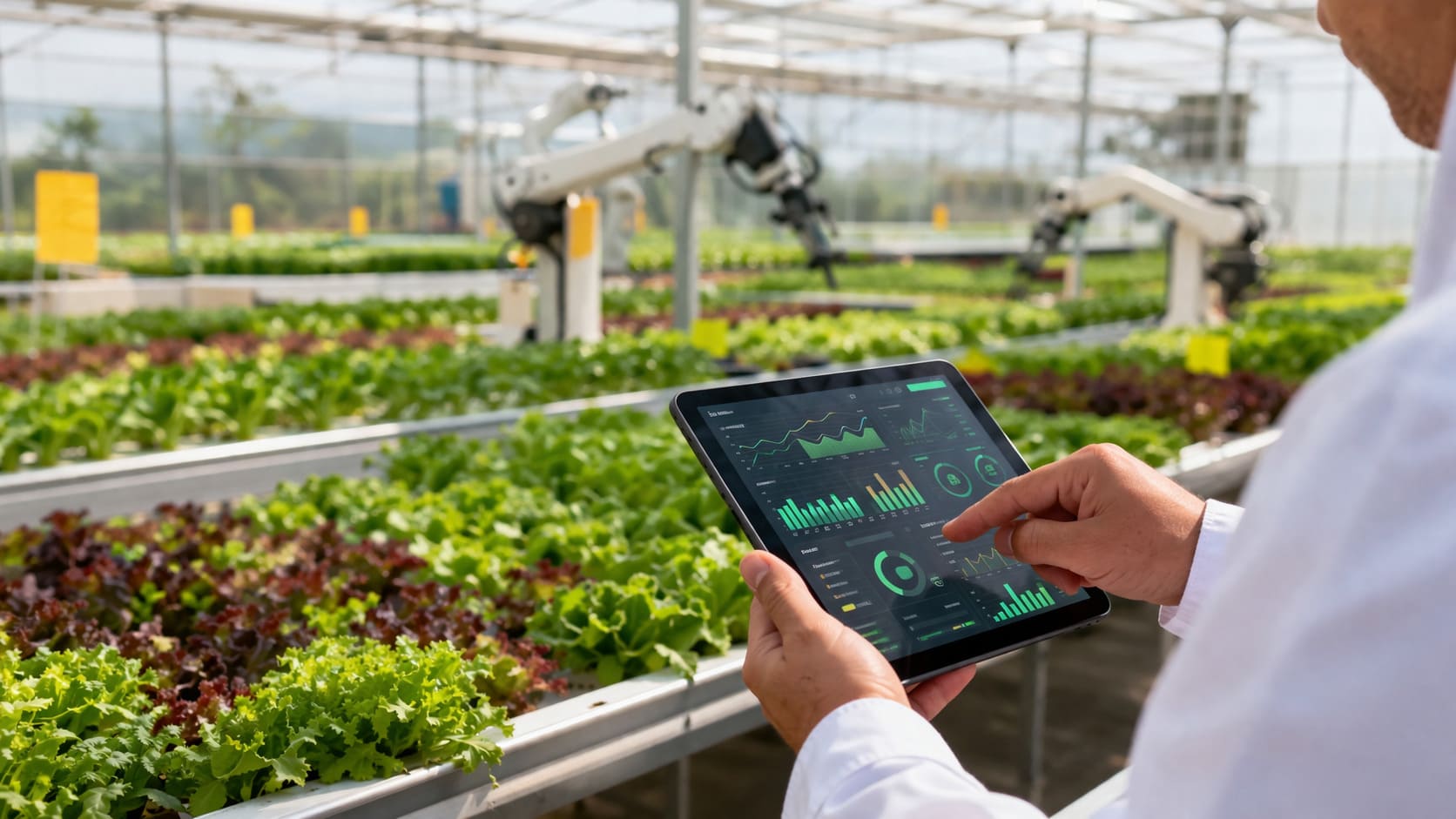 Profesional del sector agroalimentario revisando datos en una tablet dentro de un invernadero automatizado con tecnología avanzada e inteligencia artificial.