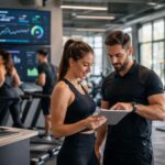 Profesionales del sector bienestar, fitness y deporte analizando automatización, inteligencia artificial y estrategia digital en un entorno deportivo moderno