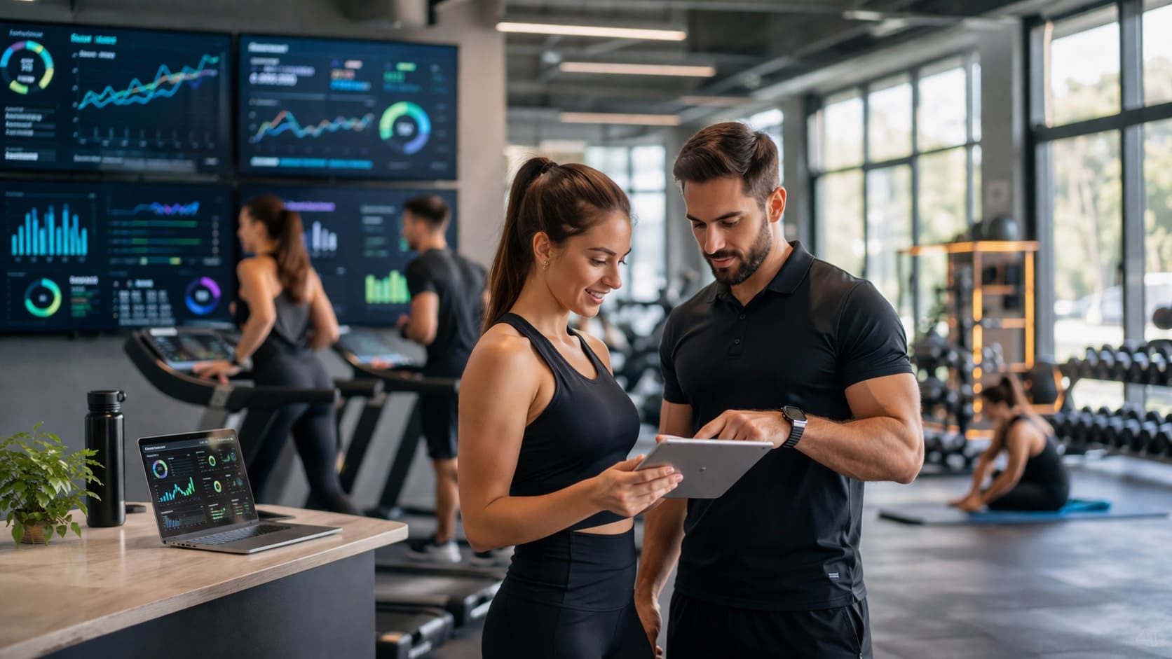 Profesionales del sector bienestar, fitness y deporte analizando automatización, inteligencia artificial y estrategia digital en un entorno deportivo moderno