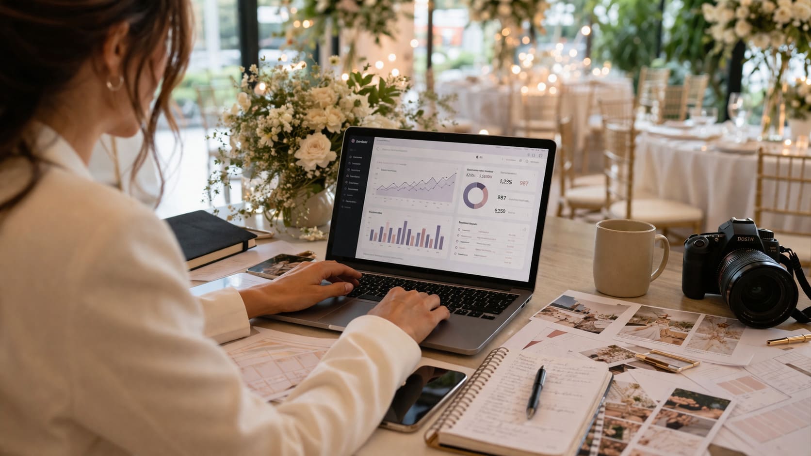 Profesional del sector bodas y eventos utilizando soluciones de automatización e inteligencia artificial para mejorar la gestión, la comunicación y la reputación de marca en un entorno digital.