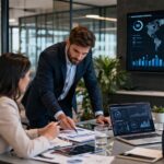 Profesionales de consultoría y servicios empresariales analizando automatización e inteligencia artificial con paneles de datos y entorno digital corporativo.
