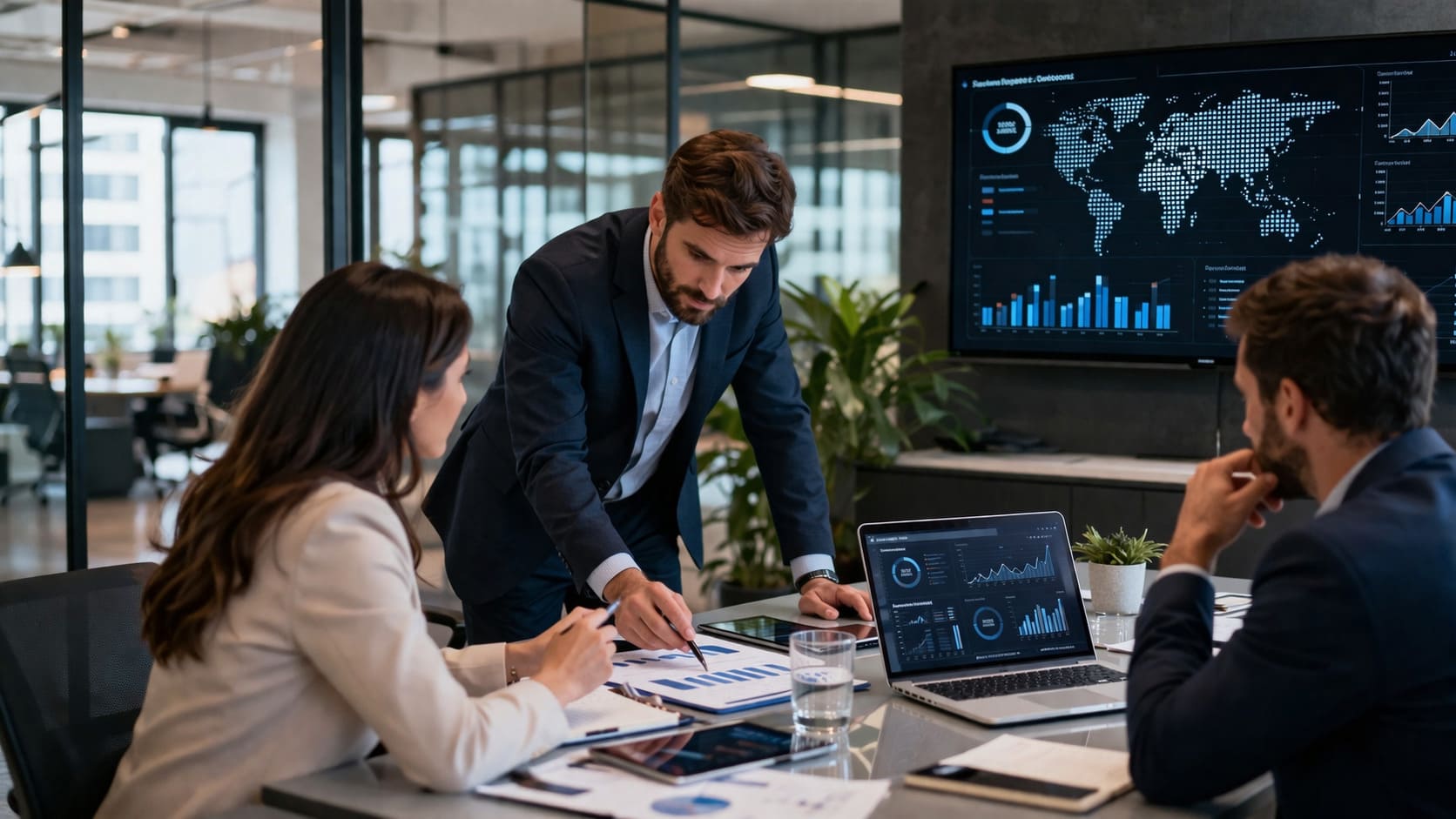 Profesionales de consultoría y servicios empresariales analizando automatización e inteligencia artificial con paneles de datos y entorno digital corporativo.