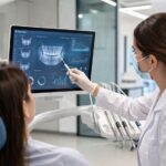 Profesional dental mostrando un panel digital con datos e imágenes odontológicas a una paciente en una clínica moderna, representando automatización, inteligencia artificial y marketing digital en el sector dental.