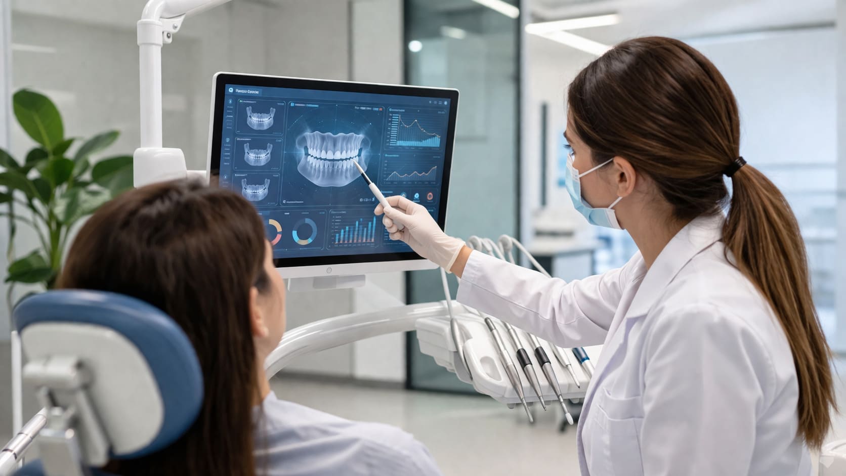 Profesional dental mostrando un panel digital con datos e imágenes odontológicas a una paciente en una clínica moderna, representando automatización, inteligencia artificial y marketing digital en el sector dental.