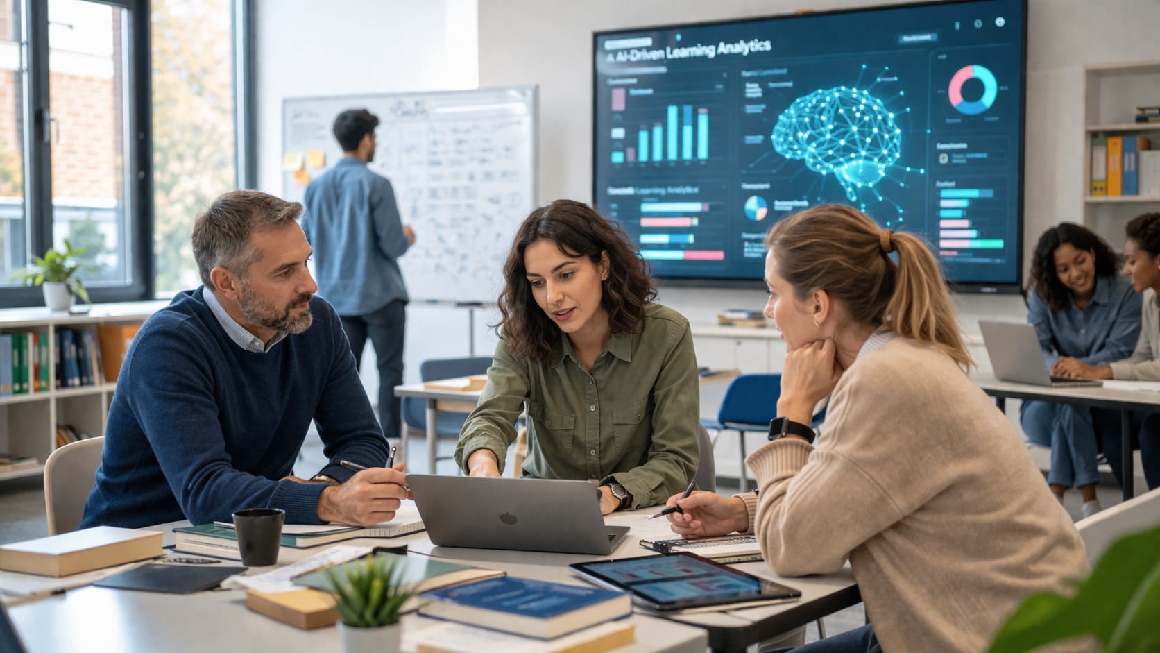 Profesionales del sector Educación y Formación trabajando estrategias de automatización, inteligencia artificial y marketing digital en un entorno moderno