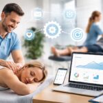 Profesional de fisioterapia atendiendo a una paciente en clínica moderna con elementos visuales de automatización, analítica e inteligencia artificial aplicados al marketing digital.