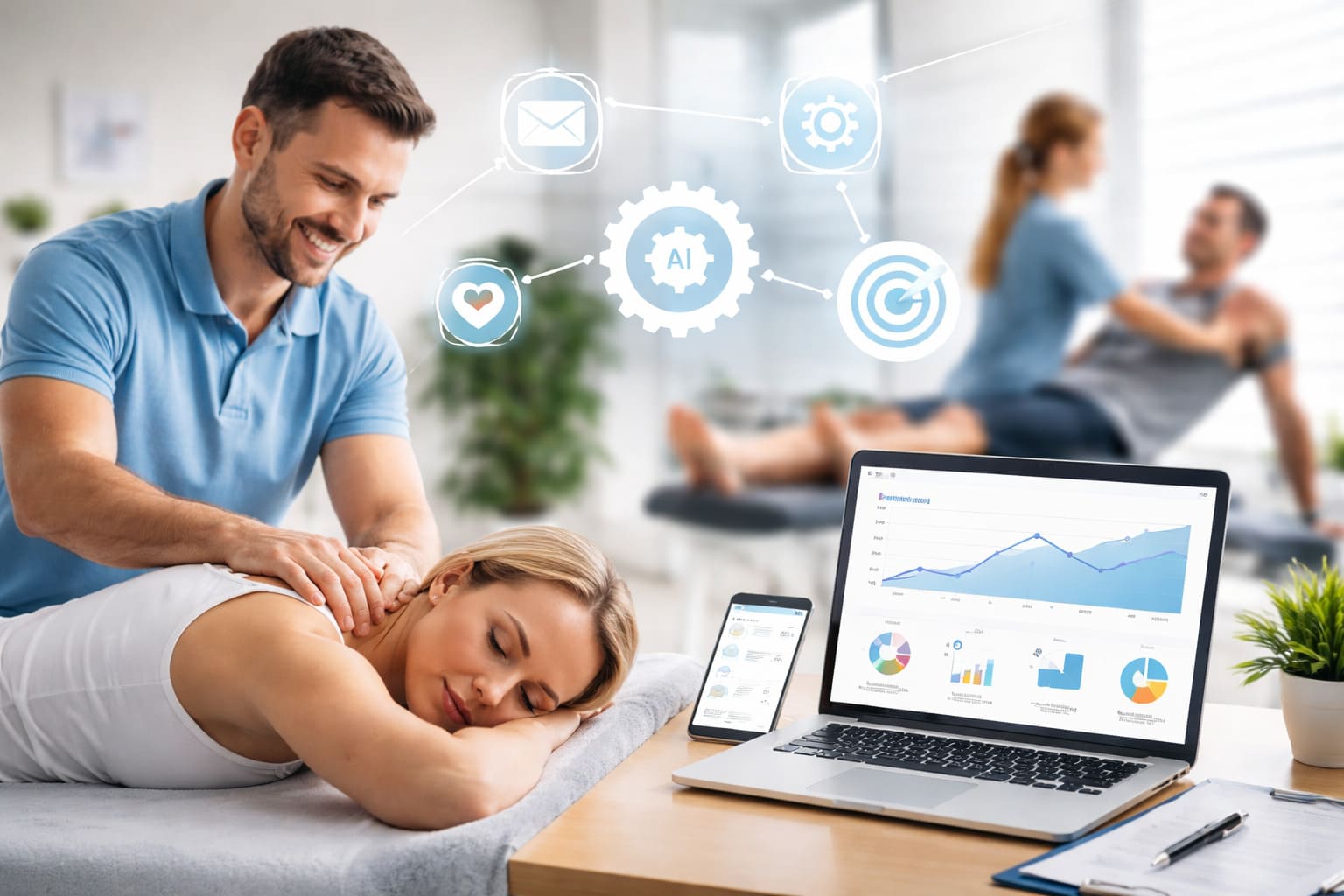 Profesional de fisioterapia atendiendo a una paciente en clínica moderna con elementos visuales de automatización, analítica e inteligencia artificial aplicados al marketing digital.