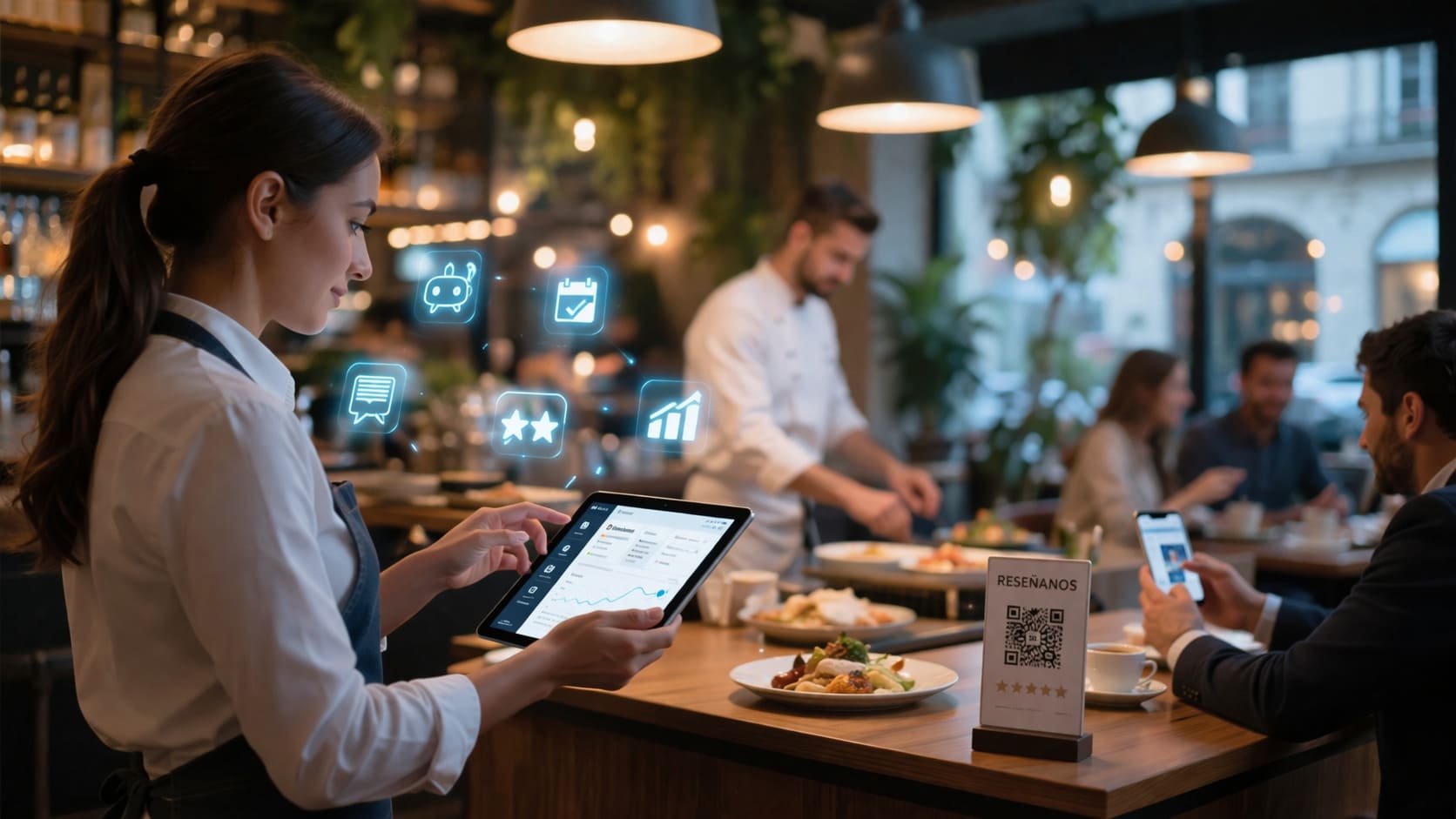 Profesionales de hostelería y restauración usando tecnología de automatización e inteligencia artificial en un entorno gastronómico moderno