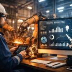 Profesional del sector Industria e Ingeniería supervisando procesos automatizados con inteligencia artificial y analítica digital en un entorno industrial moderno