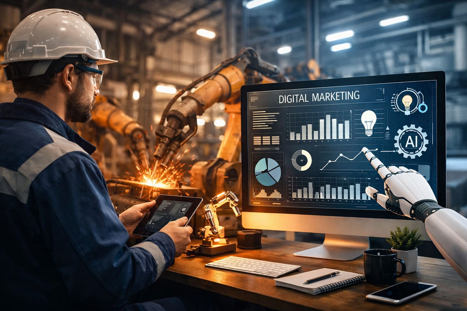 Profesional del sector Industria e Ingeniería supervisando procesos automatizados con inteligencia artificial y analítica digital en un entorno industrial moderno