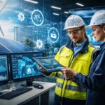 Profesional del sector de instalaciones técnicas y energía trabajando con paneles de control digitales, automatización e inteligencia artificial en un entorno industrial moderno
