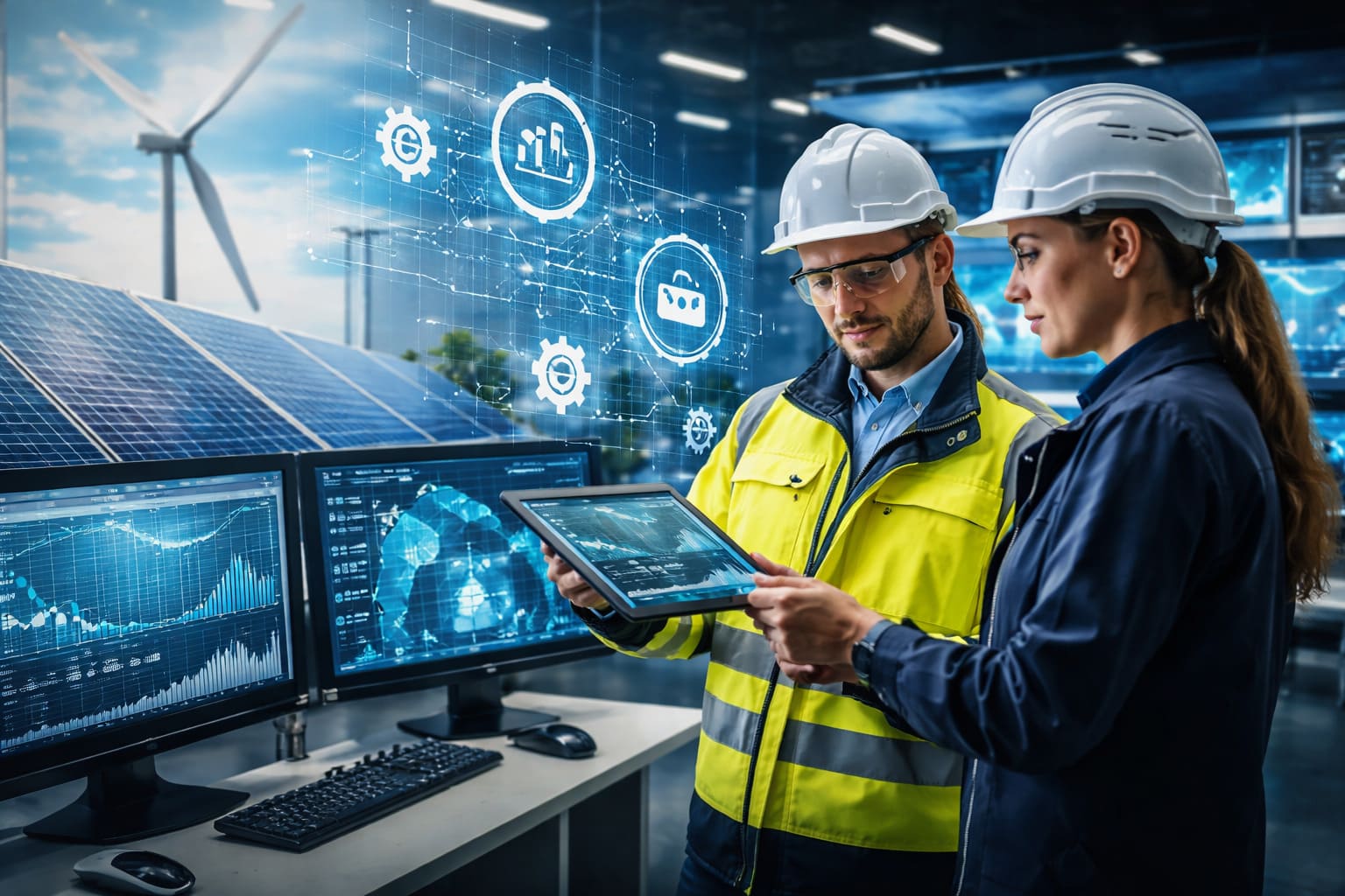 Profesional del sector de instalaciones técnicas y energía trabajando con paneles de control digitales, automatización e inteligencia artificial en un entorno industrial moderno