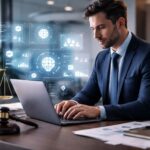 Profesional del sector jurídico trabajando con automatización e inteligencia artificial en una oficina moderna con elementos legales y entorno digital