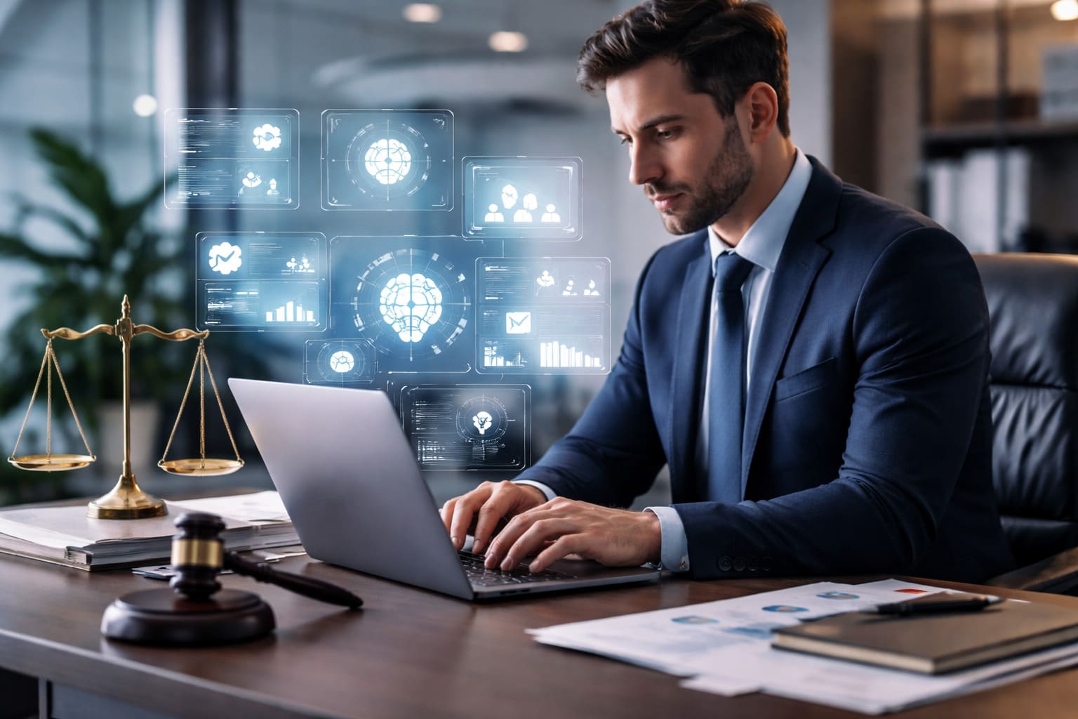 Profesional del sector jurídico trabajando con automatización e inteligencia artificial en una oficina moderna con elementos legales y entorno digital