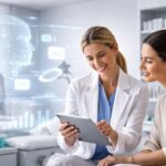 Profesional de medicina estética mostrando una estrategia digital en tablet a una paciente en una clínica moderna, con elementos visuales de automatización e inteligencia artificial.