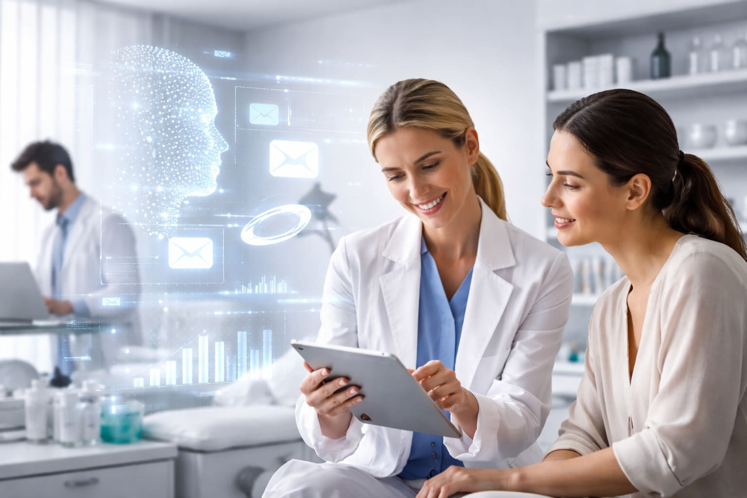 Profesional de medicina estética mostrando una estrategia digital en tablet a una paciente en una clínica moderna, con elementos visuales de automatización e inteligencia artificial.