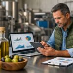 Profesional del sector oleícola analizando datos de automatización e inteligencia artificial en una almazara con botellas de aceite de oliva