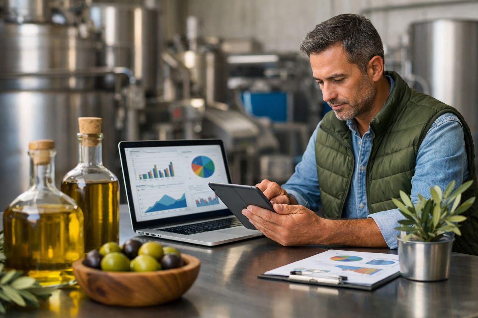 Profesional del sector oleícola analizando datos de automatización e inteligencia artificial en una almazara con botellas de aceite de oliva