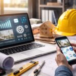 Profesional del sector reformas y construcción revisando planos y datos digitales en un entorno de obra moderno, representando automatización, inteligencia artificial y estrategia de marca