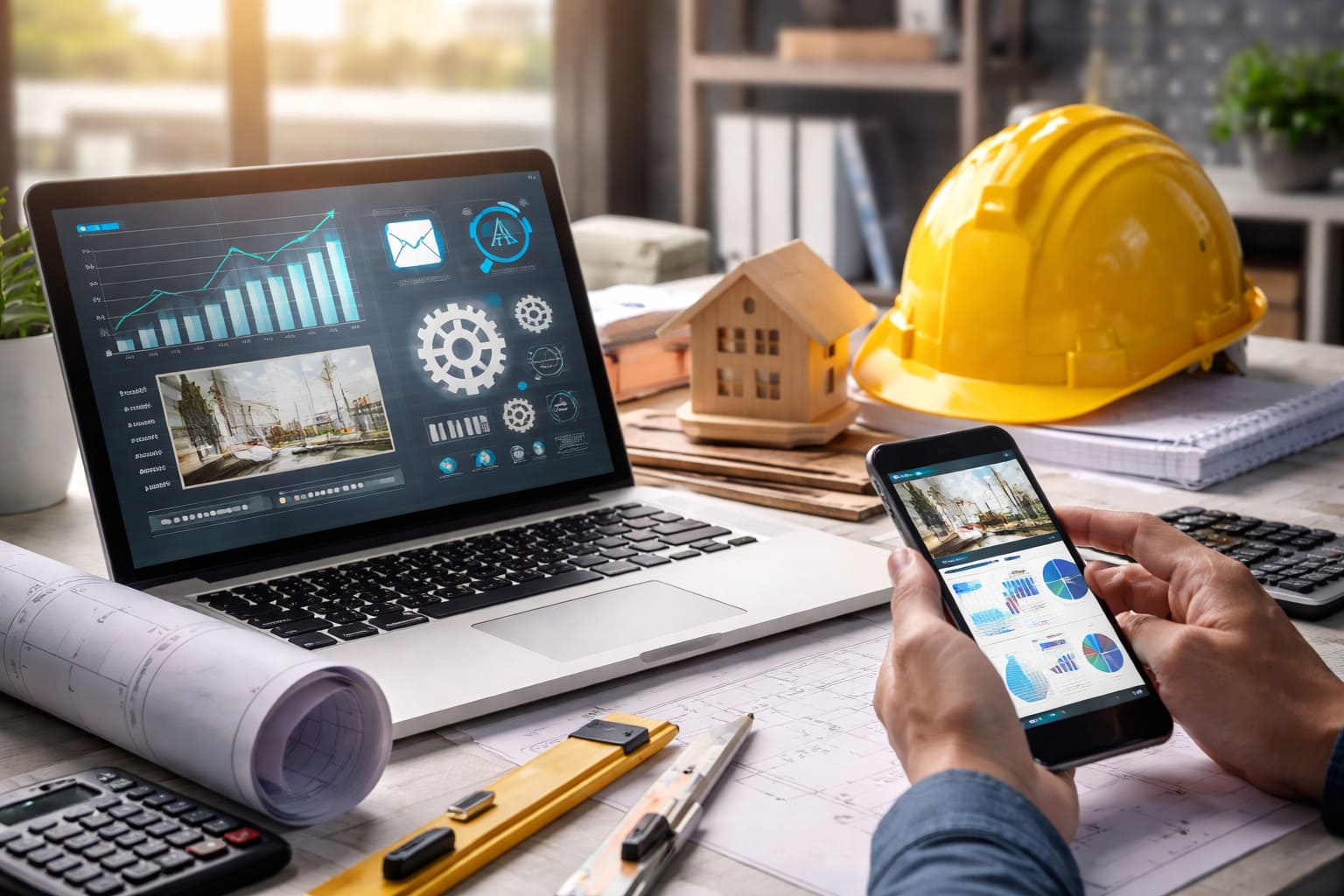 Profesional del sector reformas y construcción revisando planos y datos digitales en un entorno de obra moderno, representando automatización, inteligencia artificial y estrategia de marca