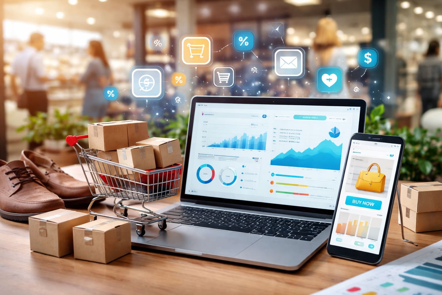 Equipo profesional del sector retail y ecommerce analizando datos y estrategias de automatización e inteligencia artificial en un entorno comercial digital.