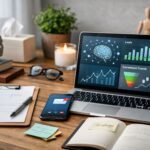 Profesional de salud mental en un entorno de consulta con ordenador mostrando analítica y automatización digital aplicada a psicología y reputación de marca