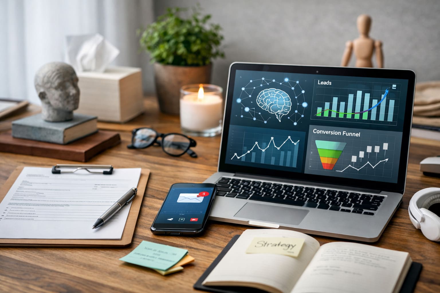 Profesional de salud mental en un entorno de consulta con ordenador mostrando analítica y automatización digital aplicada a psicología y reputación de marca