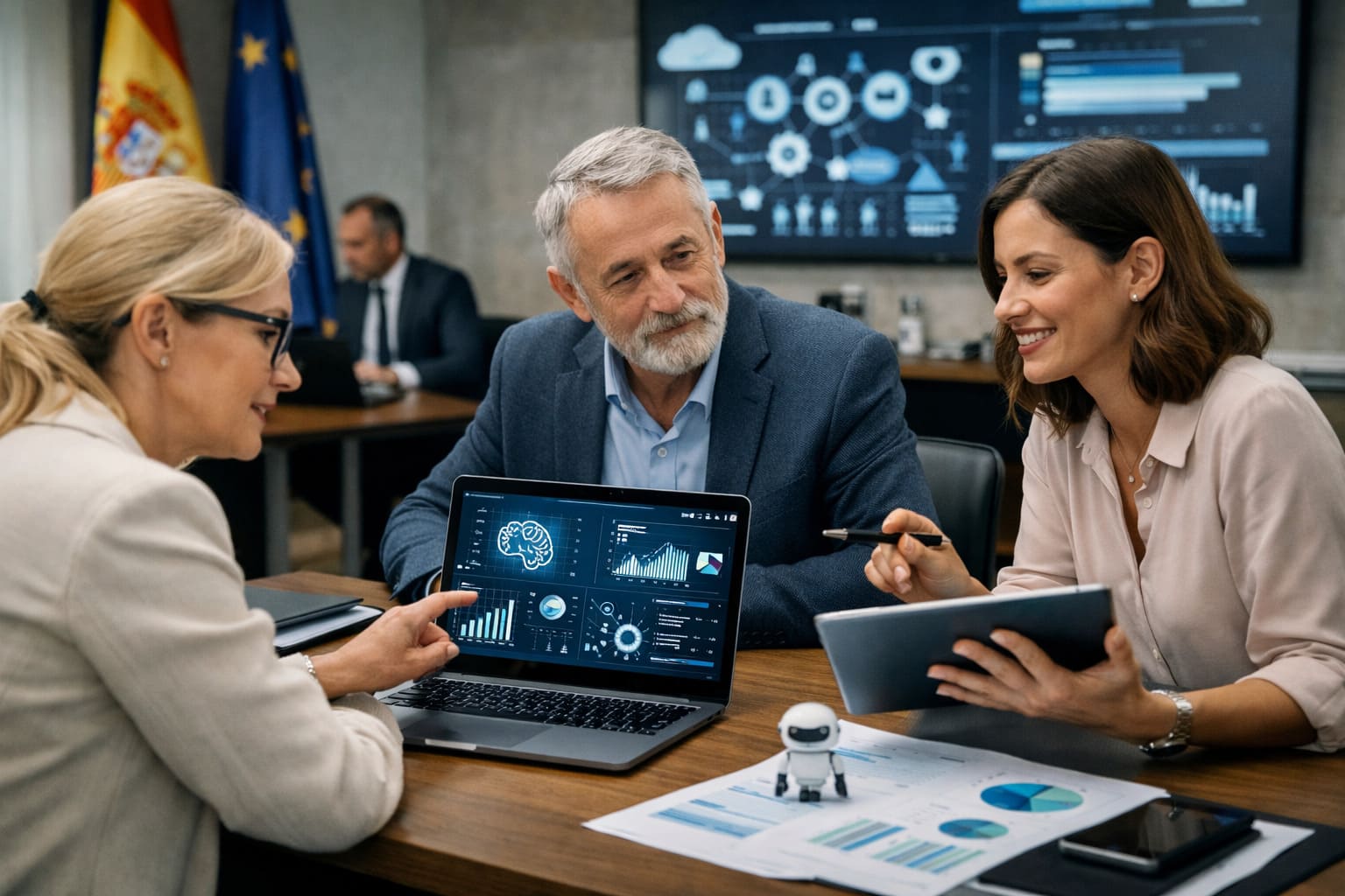 Profesionales del sector público y asociaciones analizando estrategias de automatización, inteligencia artificial y comunicación digital en un entorno institucional.