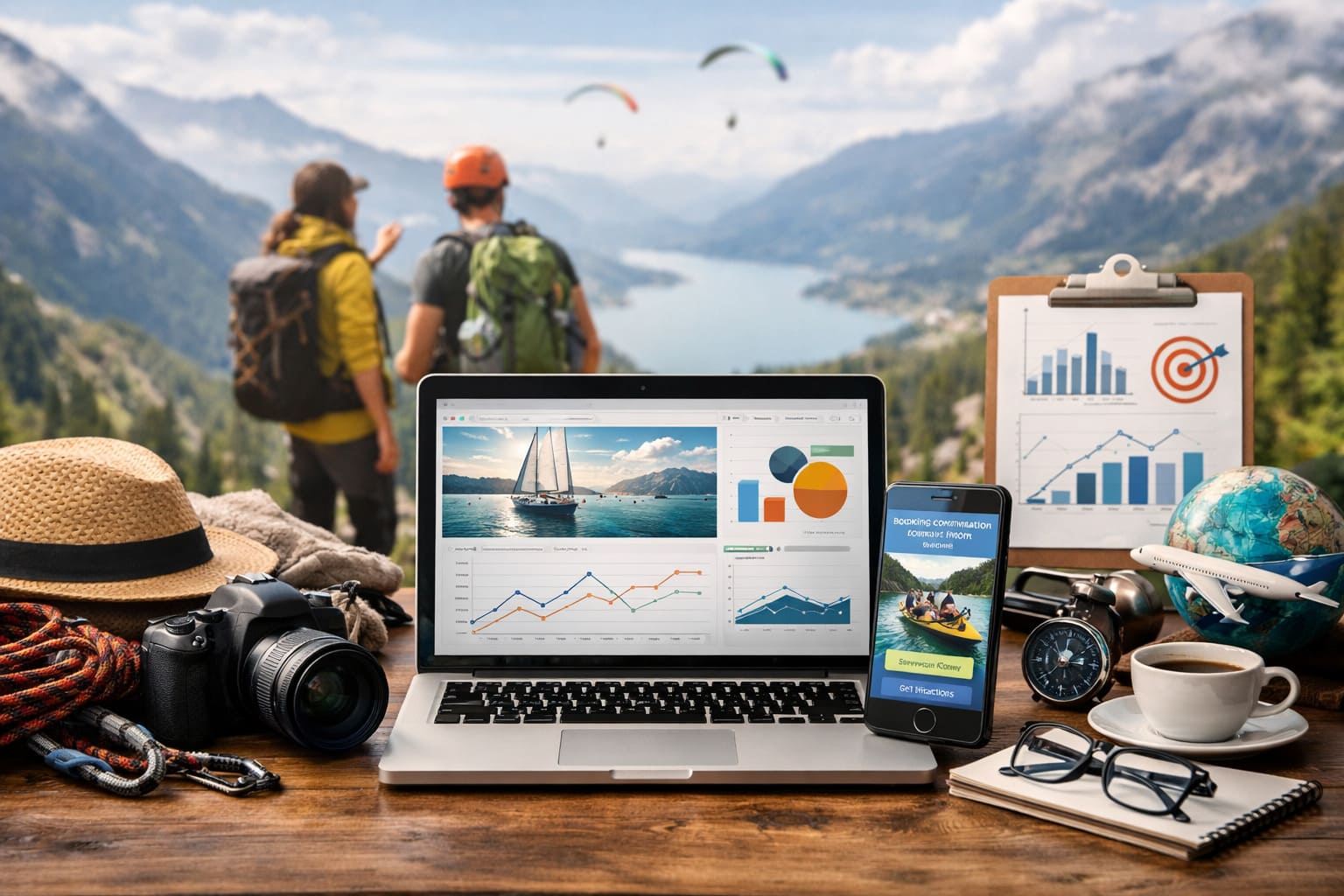 Profesionales del sector turismo activo y experiencias analizando estrategias de marketing digital, automatización e inteligencia artificial en un entorno de aventura al aire libre.
