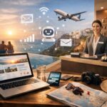 Profesional del sector turismo y alojamiento utilizando automatización e inteligencia artificial para mejorar la experiencia del cliente y la reputación de marca