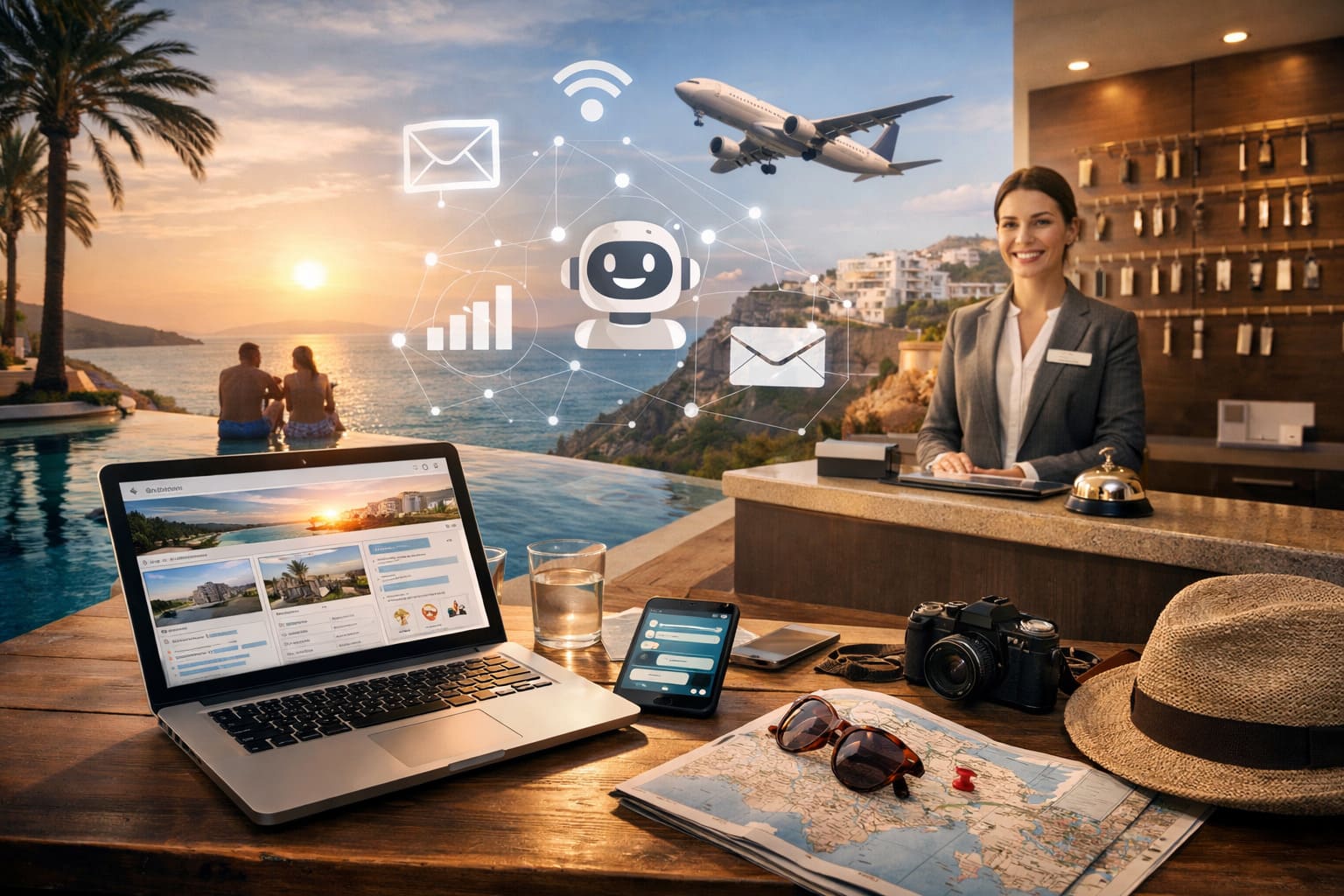 Profesional del sector turismo y alojamiento utilizando automatización e inteligencia artificial para mejorar la experiencia del cliente y la reputación de marca