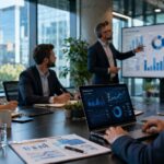 Equipo de consultoría y servicios empresariales analizando métricas y estrategia de publicidad de pago ADS, SEM y PPC en una reunión de marketing digital.