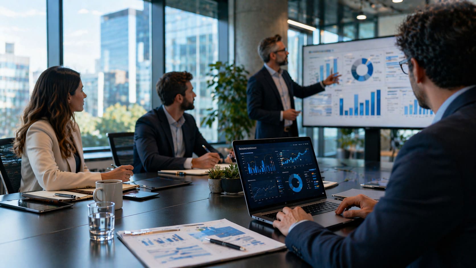 Equipo de consultoría y servicios empresariales analizando métricas y estrategia de publicidad de pago ADS, SEM y PPC en una reunión de marketing digital.