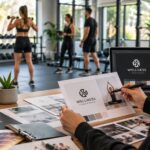 Profesional trabajando el diseño gráfico y la identidad visual de una marca del sector bienestar, fitness y deporte en un entorno moderno con enfoque de marketing digital.
