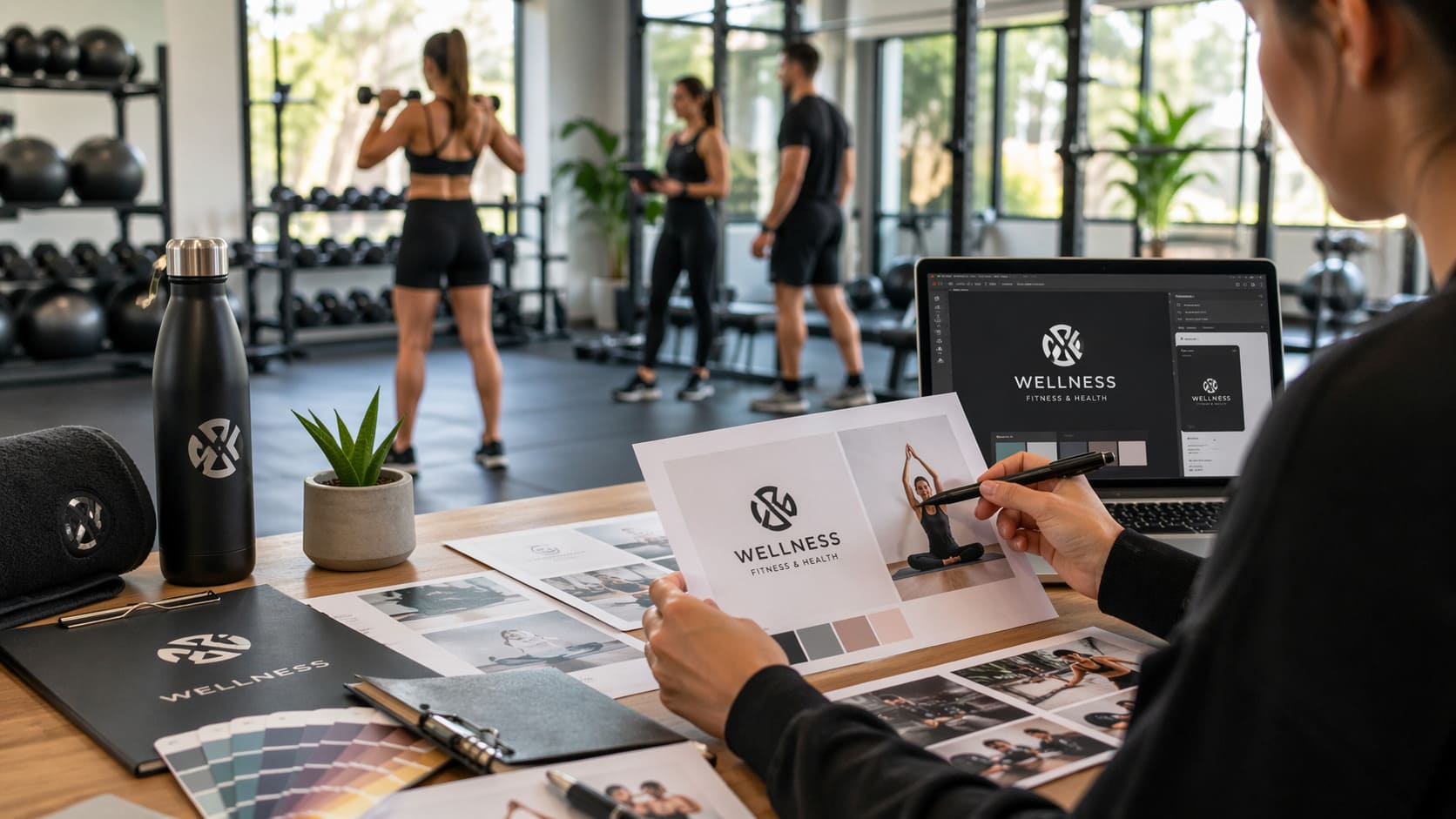 Profesional trabajando el diseño gráfico y la identidad visual de una marca del sector bienestar, fitness y deporte en un entorno moderno con enfoque de marketing digital.