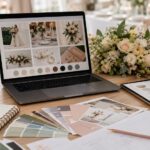 Espacio de trabajo de diseño gráfico para bodas y eventos con portátil, paletas de color, papelería visual y elementos florales en un entorno elegante y profesional