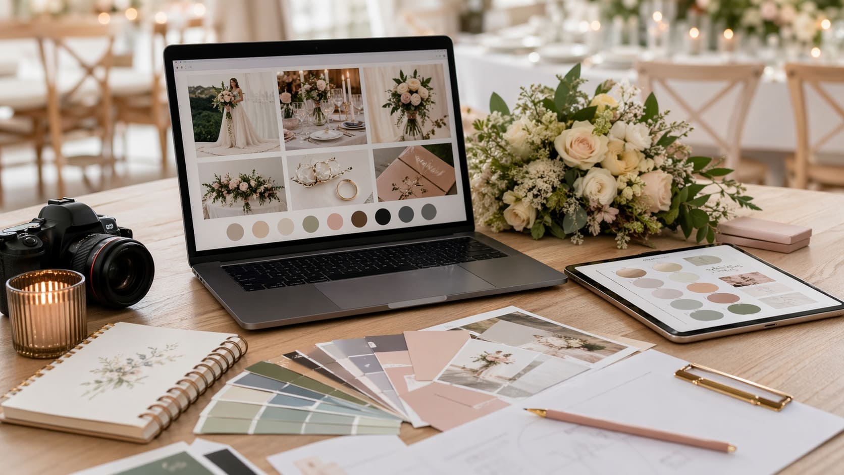 Espacio de trabajo de diseño gráfico para bodas y eventos con portátil, paletas de color, papelería visual y elementos florales en un entorno elegante y profesional