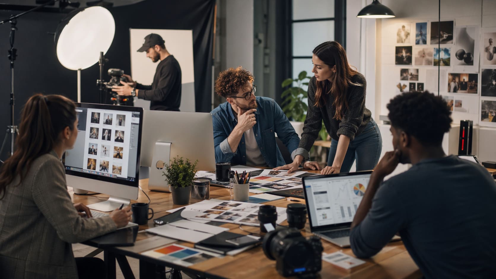 Equipo del sector comunicación de producción creativa revisando diseño gráfico y estrategia de marca en un entorno profesional