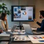 Equipo de consultoría y servicios empresariales trabajando la identidad visual, la estrategia de marca y el marketing digital en una reunión de oficina