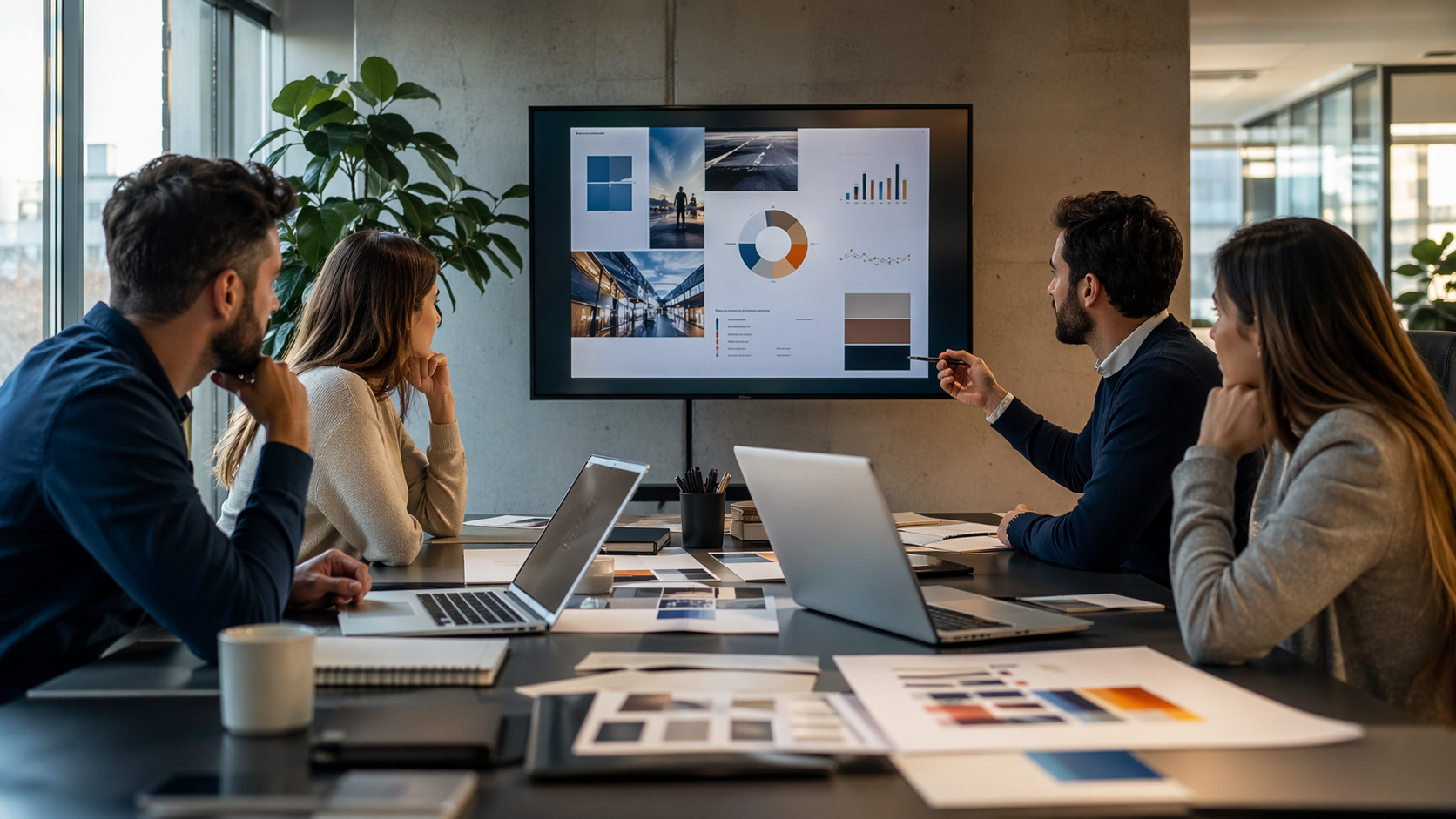 Equipo de consultoría y servicios empresariales trabajando la identidad visual, la estrategia de marca y el marketing digital en una reunión de oficina