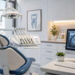Profesional del sector dental revisando una estrategia de diseño gráfico y marketing digital en una clínica moderna