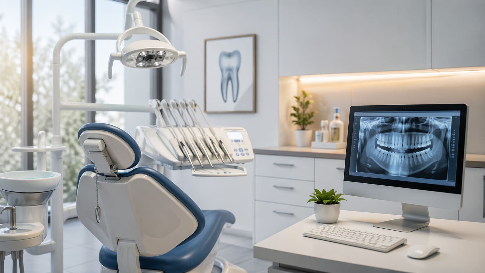 Profesional del sector dental revisando una estrategia de diseño gráfico y marketing digital en una clínica moderna