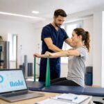 Fisioterapeuta atendiendo a una paciente en una clínica moderna de fisioterapia y rehabilitación con elementos de marketing digital