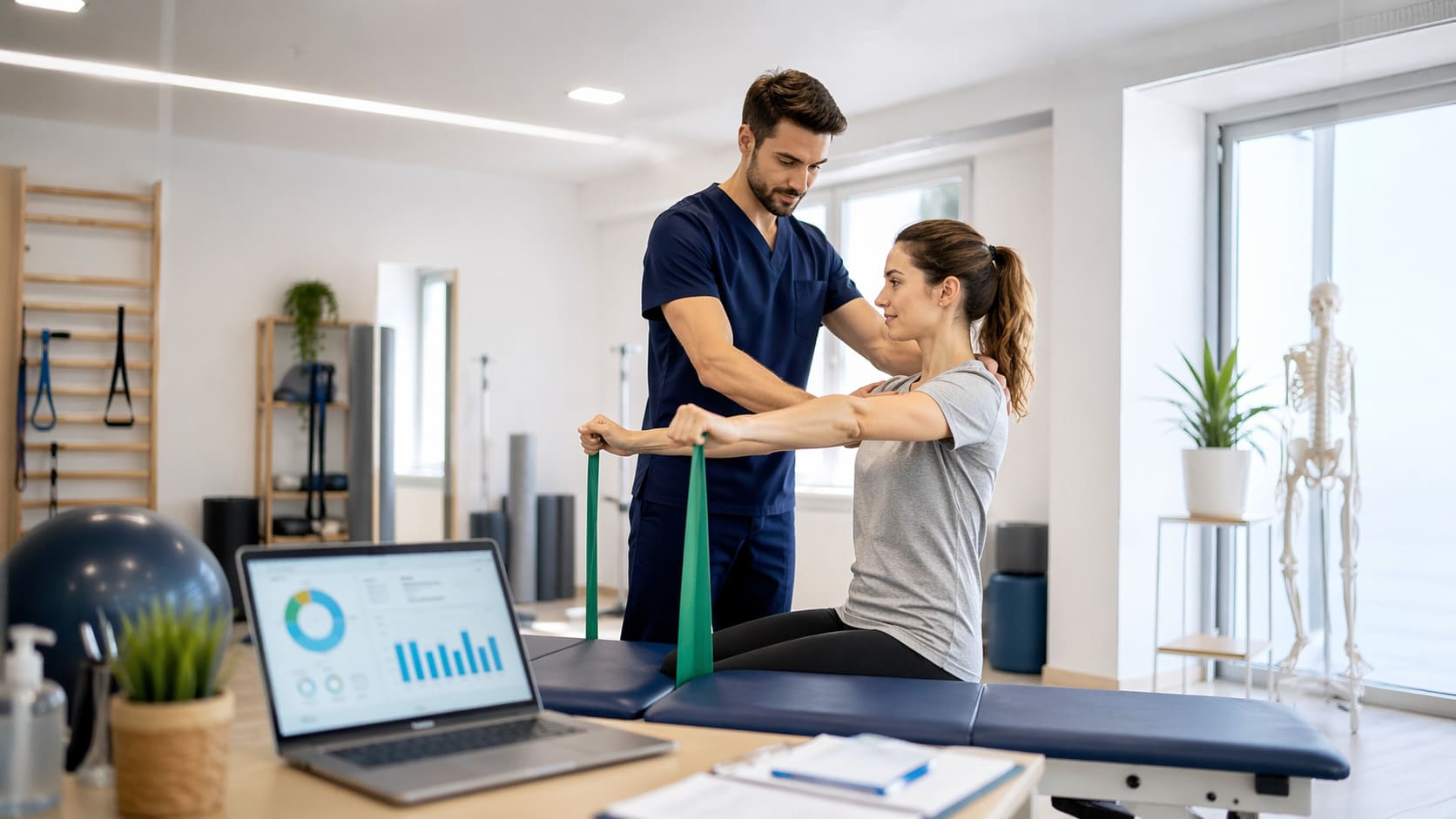 Fisioterapeuta atendiendo a una paciente en una clínica moderna de fisioterapia y rehabilitación con elementos de marketing digital