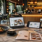 Diseño gráfico para hostelería y restauración con mesa de restaurante, carta, platos y herramientas digitales de marketing para construir una marca profesional.