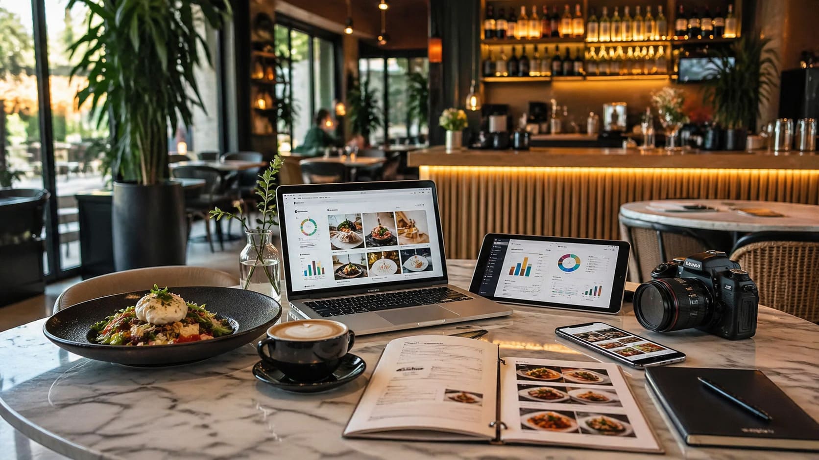 Diseño gráfico para hostelería y restauración con mesa de restaurante, carta, platos y herramientas digitales de marketing para construir una marca profesional.