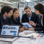 Equipo profesional revisando materiales de diseño gráfico y marca en un entorno de industria e ingeniería