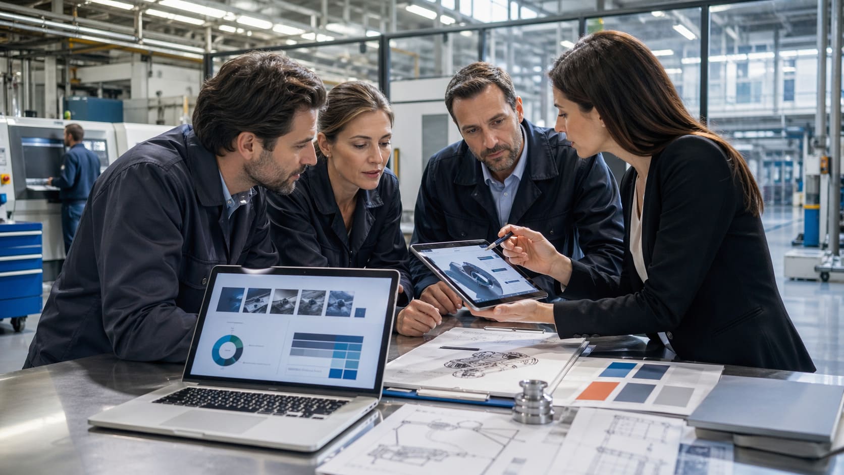 Equipo profesional revisando materiales de diseño gráfico y marca en un entorno de industria e ingeniería