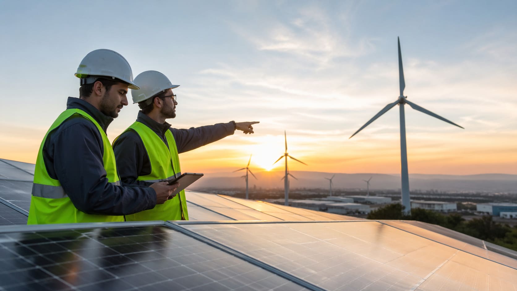 Equipo técnico revisando una instalación energética con recursos visuales y estrategia de diseño gráfico aplicada a la imagen de marca